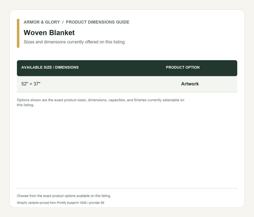 Product sizes and dimensions guide for Woven Blanket: Sizes and dimensions currently offered on this listing.