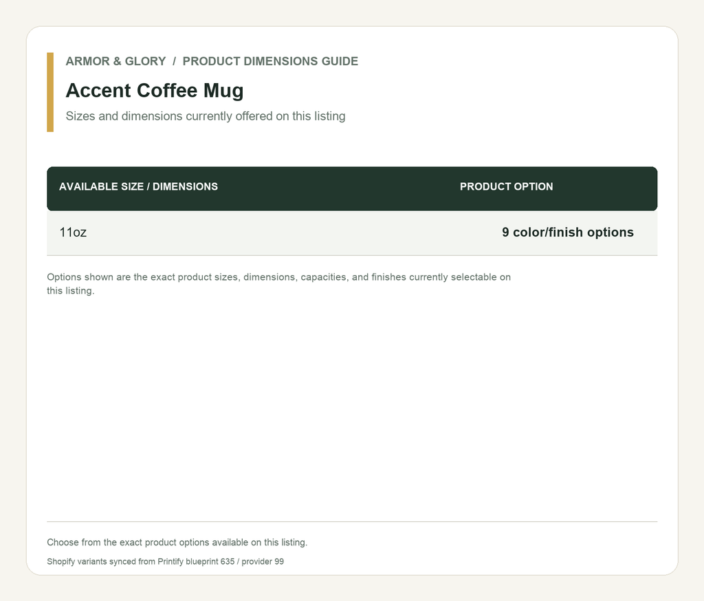 Product sizes and dimensions guide for Accent Coffee Mug: Sizes and dimensions currently offered on this listing.
