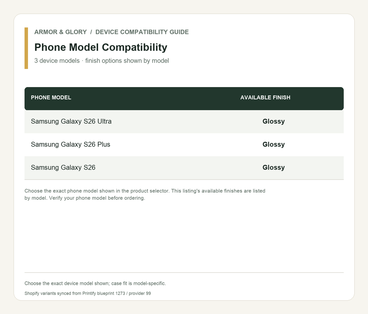 Phone compatibility size guide for Phone Model Compatibility: 3 device models · finish options shown by model.