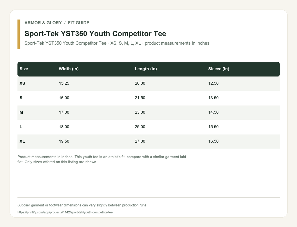 Supplier fit and size guide for Sport-Tek YST350 Youth Competitor Tee: Sport-Tek YST350 Youth Competitor Tee · XS, S, M, L, XL · product measurements in inches.