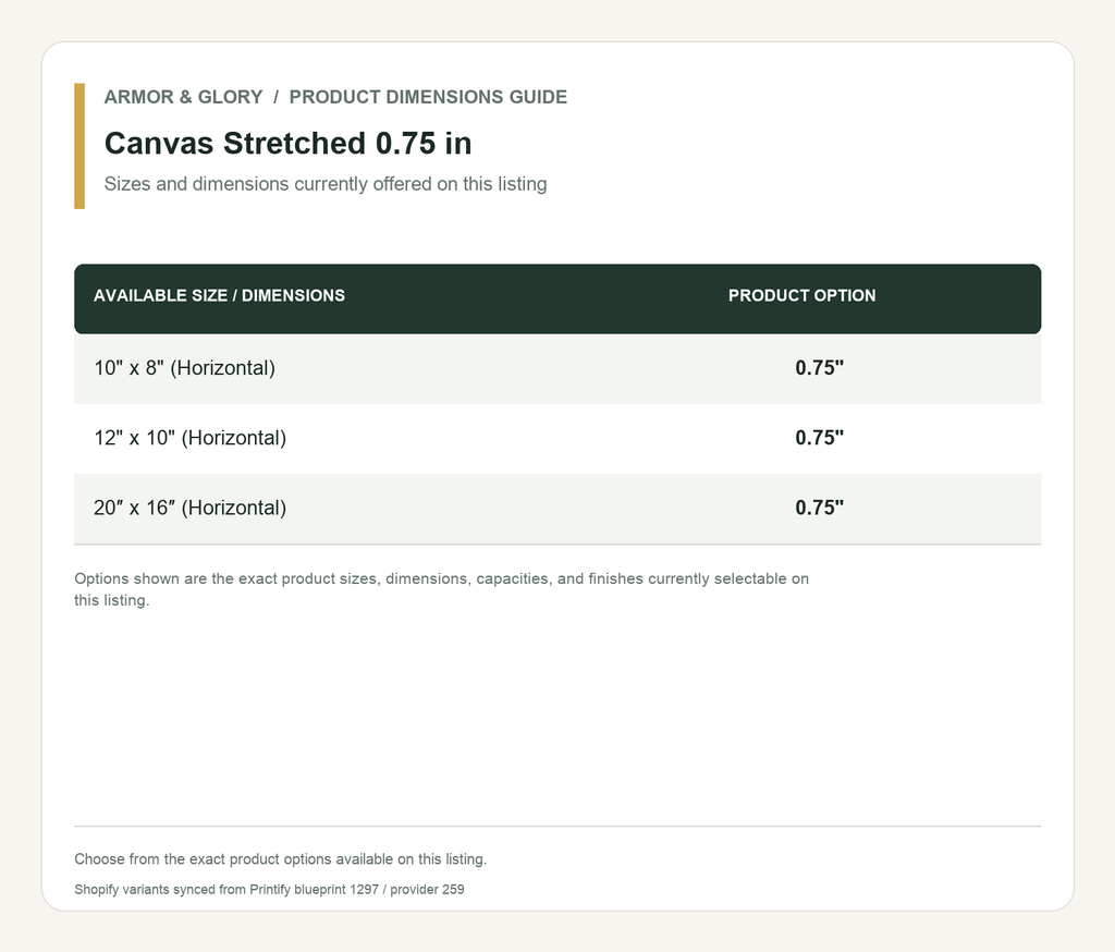 Product sizes and dimensions guide for Canvas Stretched 0.75 in: Sizes and dimensions currently offered on this listing.