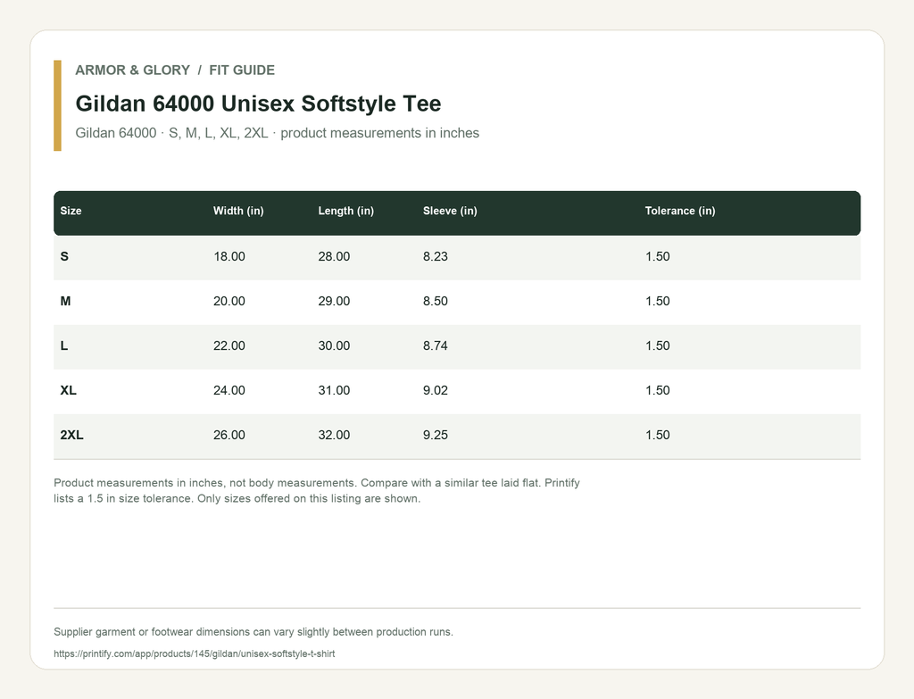 Supplier fit and size guide for Gildan 64000 Unisex Softstyle Tee: Gildan 64000 · S, M, L, XL, 2XL · product measurements in inches.