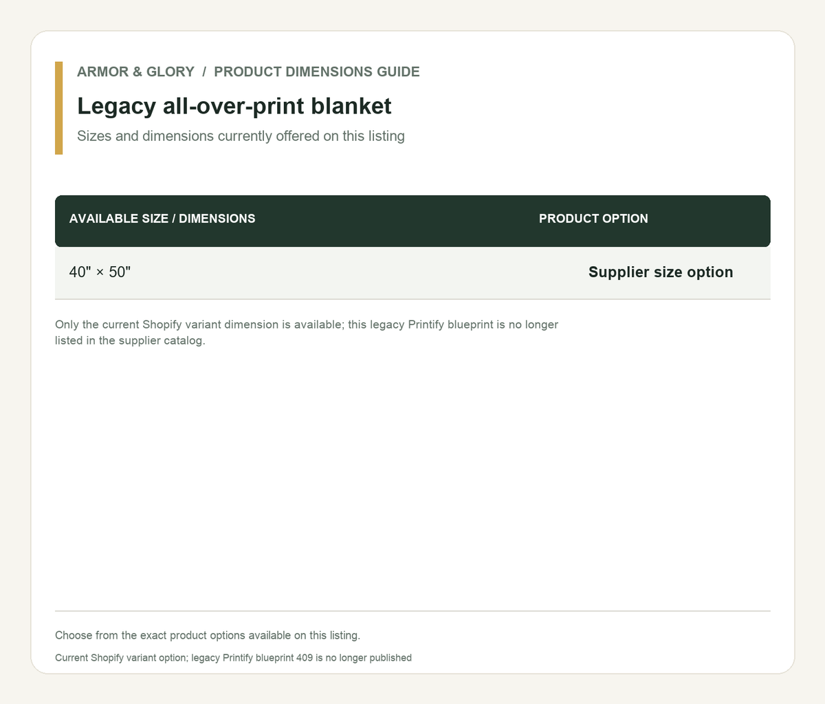 Product sizes and dimensions guide for Legacy all-over-print blanket: Sizes and dimensions currently offered on this listing.