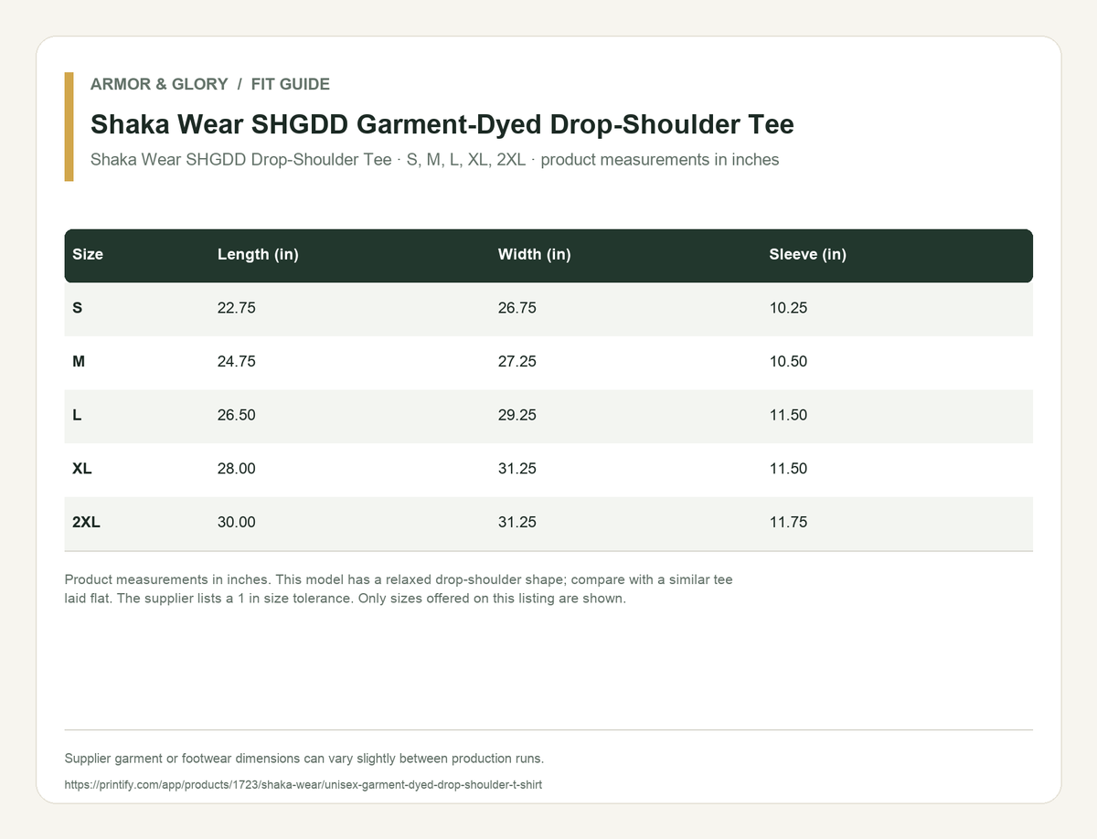 Supplier fit and size guide for Shaka Wear SHGDD Garment-Dyed Drop-Shoulder Tee: Shaka Wear SHGDD Drop-Shoulder Tee · S, M, L, XL, 2XL · product measurements in inches.