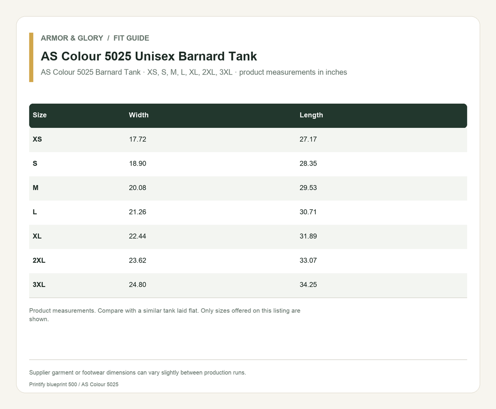 Supplier fit and size guide for AS Colour 5025 Unisex Barnard Tank: AS Colour 5025 Barnard Tank · XS, S, M, L, XL, 2XL, 3XL · product measurements in inches.