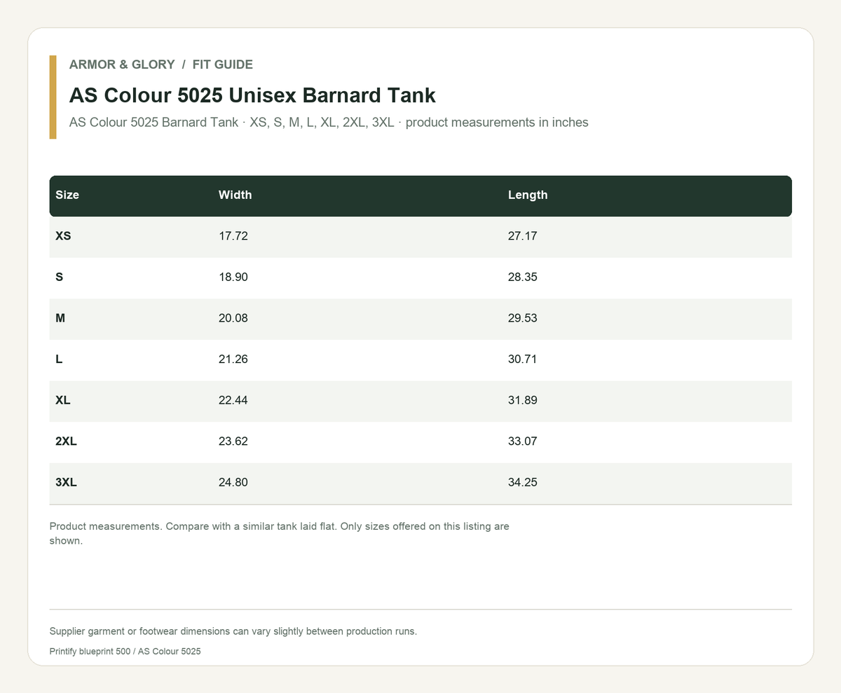 Supplier fit and size guide for AS Colour 5025 Unisex Barnard Tank: AS Colour 5025 Barnard Tank · XS, S, M, L, XL, 2XL, 3XL · product measurements in inches.