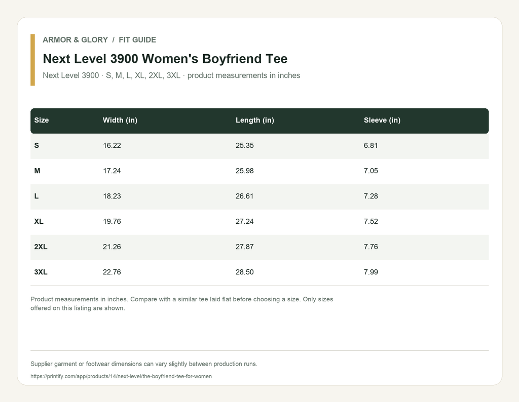 Supplier fit and size guide for Next Level 3900 Women's Boyfriend Tee: Next Level 3900 · S, M, L, XL, 2XL, 3XL · product measurements in inches.