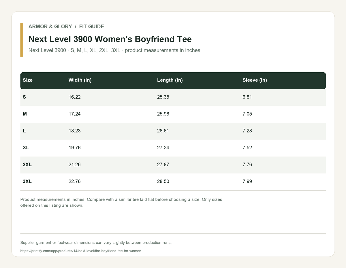 Supplier fit and size guide for Next Level 3900 Women's Boyfriend Tee: Next Level 3900 · S, M, L, XL, 2XL, 3XL · product measurements in inches.