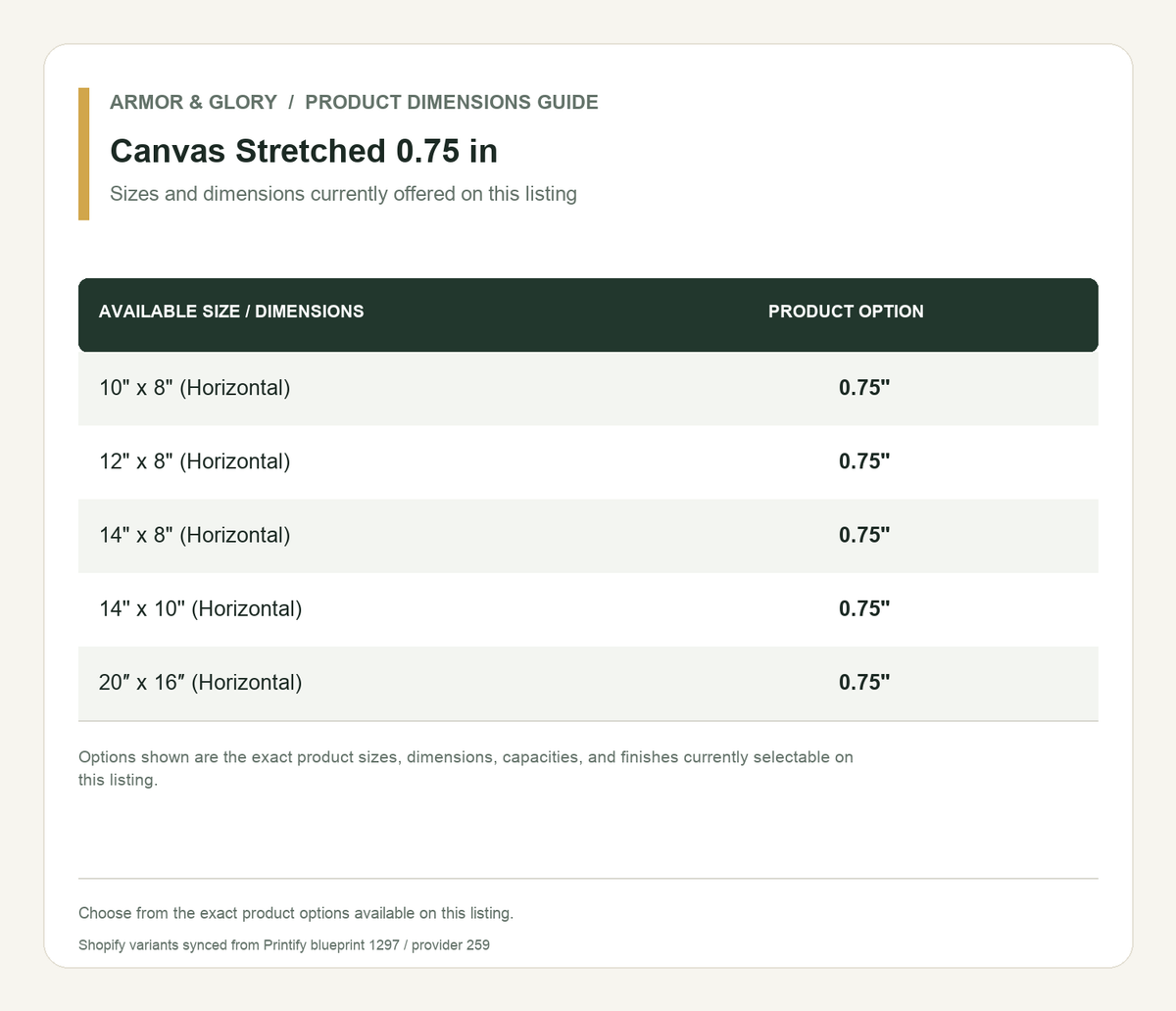 Product sizes and dimensions guide for Canvas Stretched 0.75 in: Sizes and dimensions currently offered on this listing.
