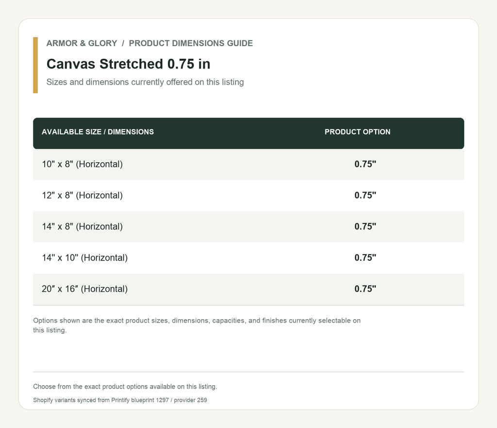 Product sizes and dimensions guide for Canvas Stretched 0.75 in: Sizes and dimensions currently offered on this listing.