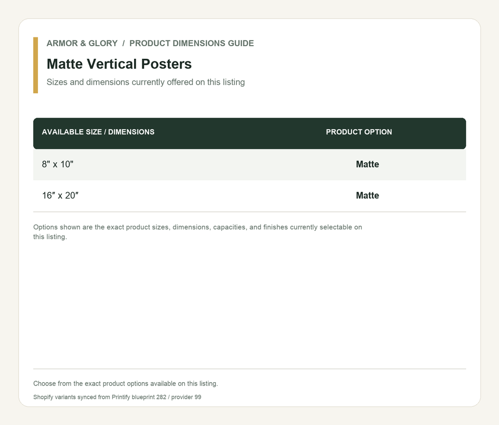 Product sizes and dimensions guide for Matte Vertical Posters: Sizes and dimensions currently offered on this listing.