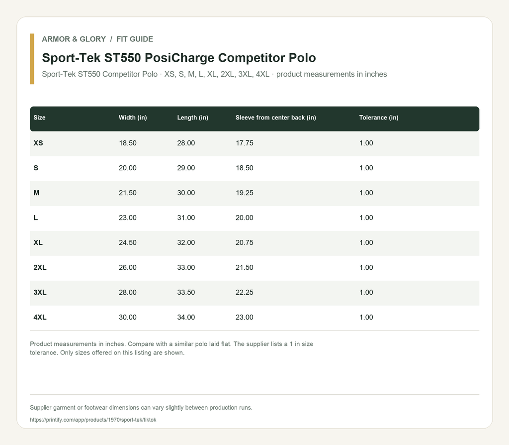 Supplier fit and size guide for Sport-Tek ST550 PosiCharge Competitor Polo: Sport-Tek ST550 Competitor Polo · XS, S, M, L, XL, 2XL, 3XL, 4XL · product measurements in inches.