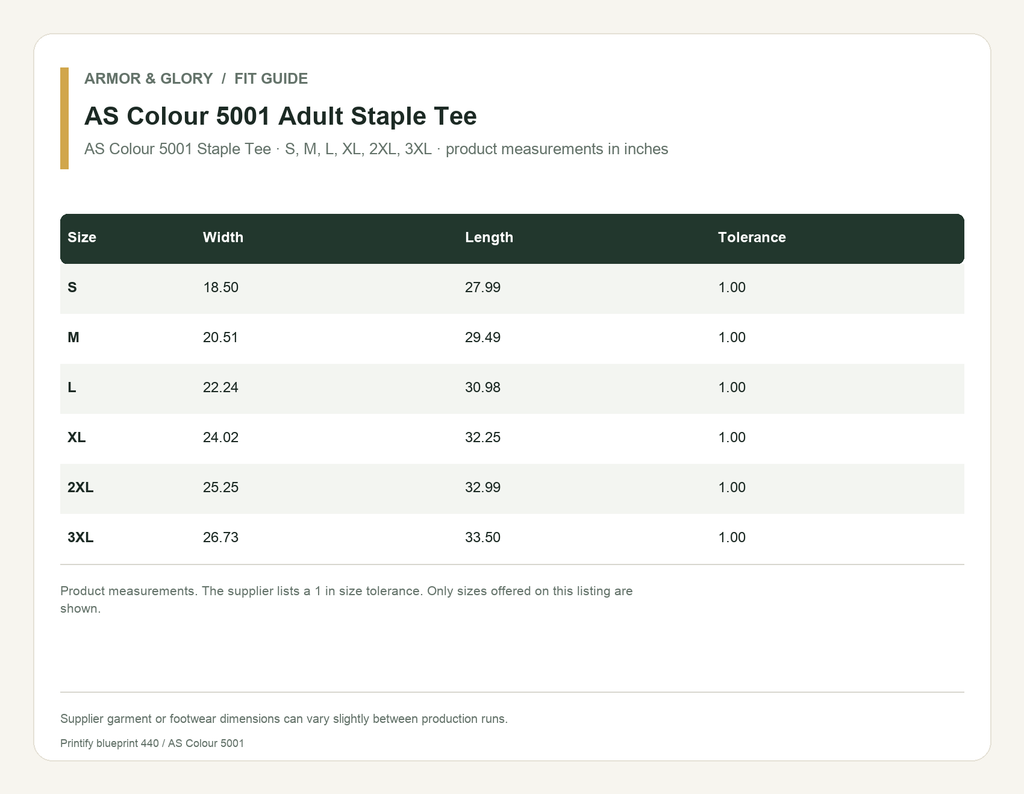 Supplier fit and size guide for AS Colour 5001 Adult Staple Tee: AS Colour 5001 Staple Tee · S, M, L, XL, 2XL, 3XL · product measurements in inches.