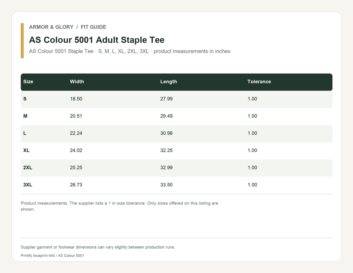 Supplier fit and size guide for AS Colour 5001 Adult Staple Tee: AS Colour 5001 Staple Tee · S, M, L, XL, 2XL, 3XL · product measurements in inches.