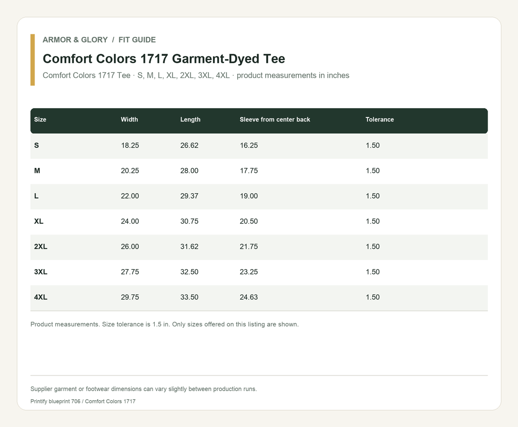 Supplier fit and size guide for Comfort Colors 1717 Garment-Dyed Tee: Comfort Colors 1717 Tee · S, M, L, XL, 2XL, 3XL, 4XL · product measurements in inches.