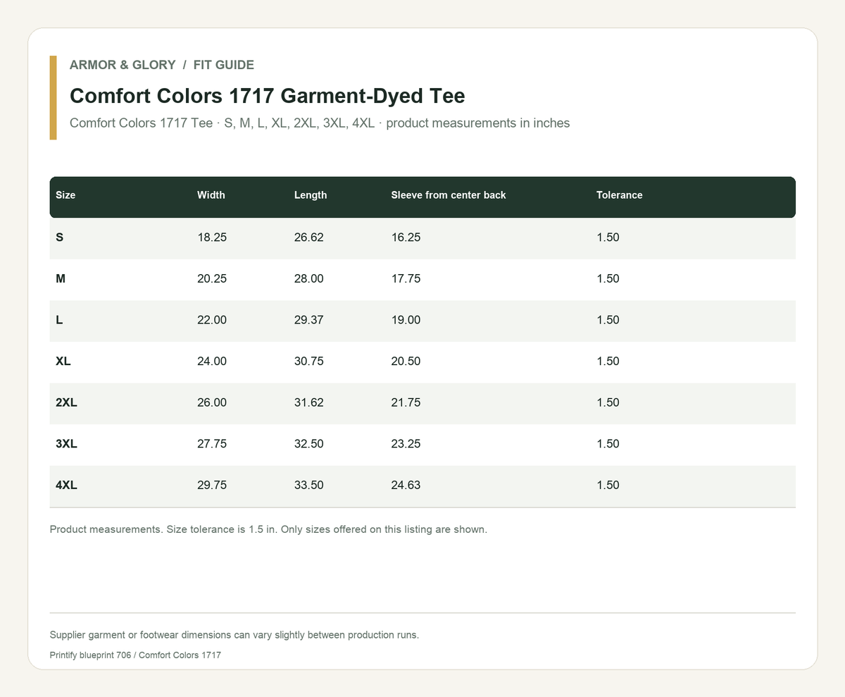 Supplier fit and size guide for Comfort Colors 1717 Garment-Dyed Tee: Comfort Colors 1717 Tee · S, M, L, XL, 2XL, 3XL, 4XL · product measurements in inches.