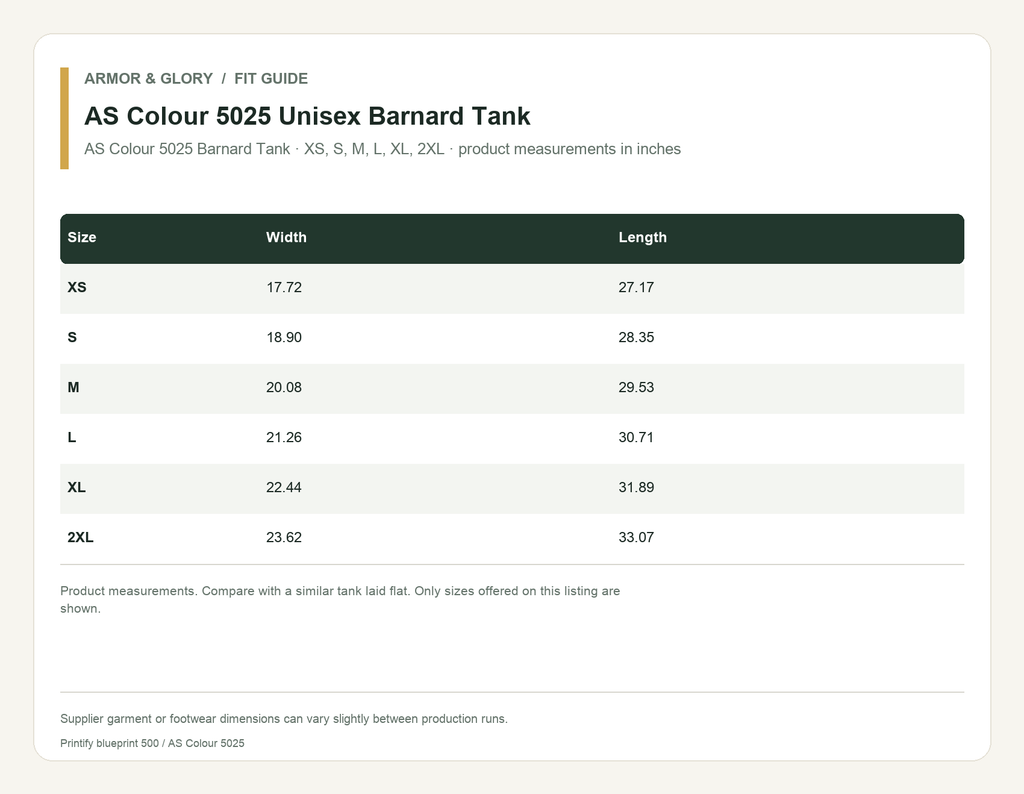 Supplier fit and size guide for AS Colour 5025 Unisex Barnard Tank: AS Colour 5025 Barnard Tank · XS, S, M, L, XL, 2XL · product measurements in inches.