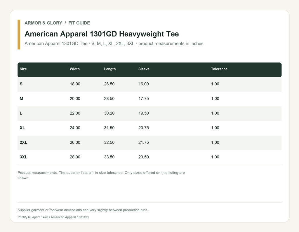 Supplier fit and size guide for American Apparel 1301GD Heavyweight Tee: American Apparel 1301GD Tee · S, M, L, XL, 2XL, 3XL · product measurements in inches.