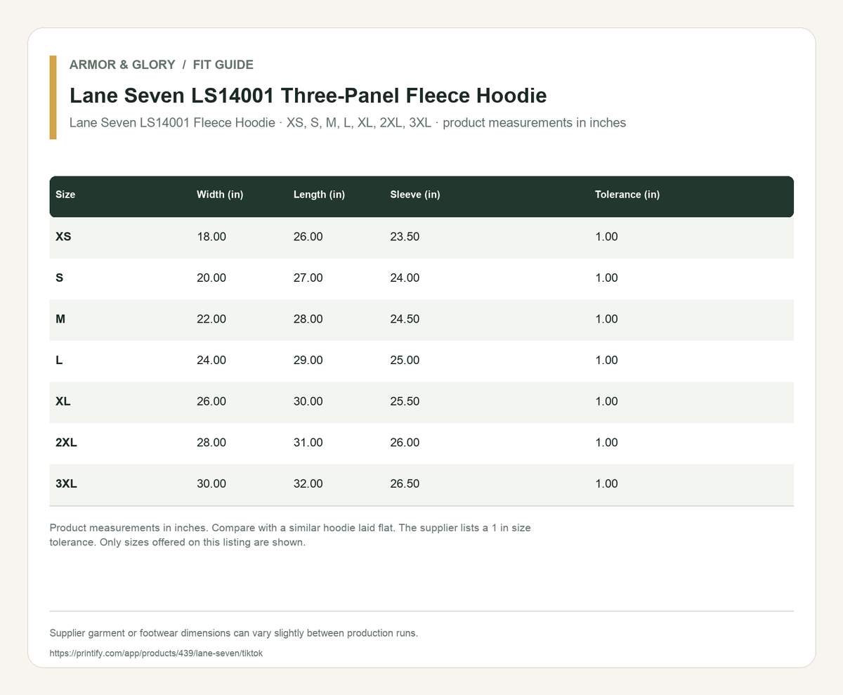 Supplier fit and size guide for Lane Seven LS14001 Three-Panel Fleece Hoodie: Lane Seven LS14001 Fleece Hoodie · XS, S, M, L, XL, 2XL, 3XL · product measurements in inches.