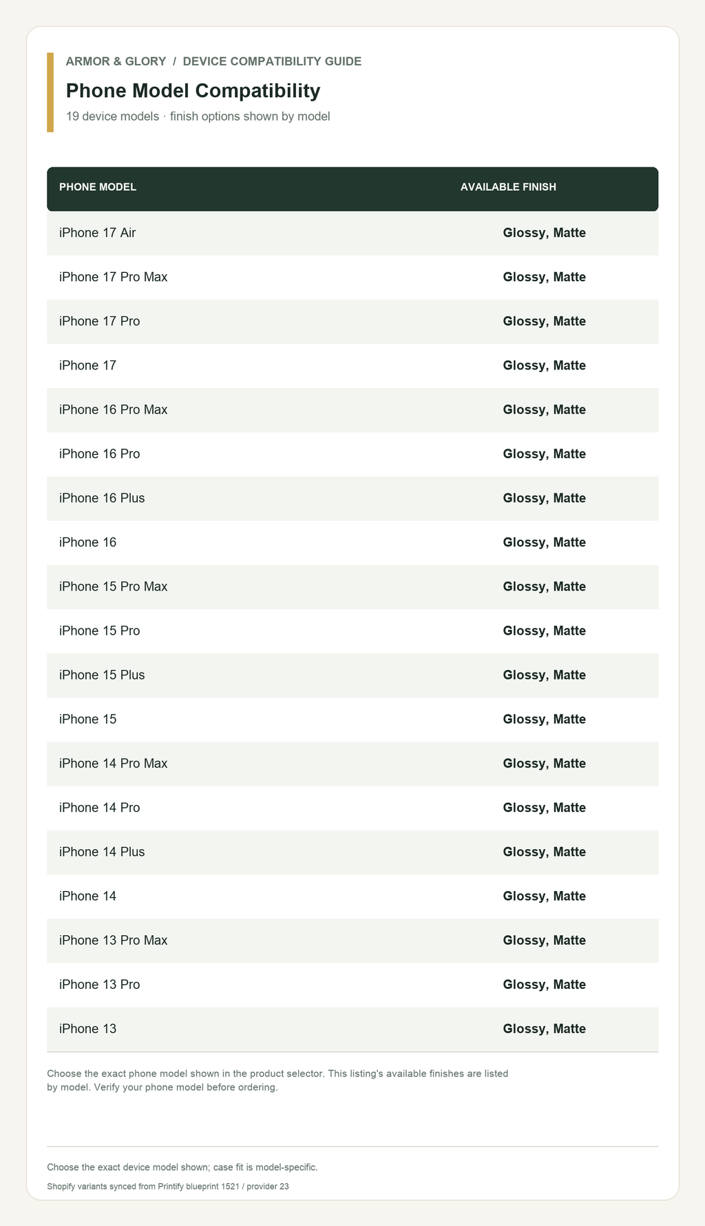 Phone compatibility size guide for Phone Model Compatibility: 19 device models · finish options shown by model.
