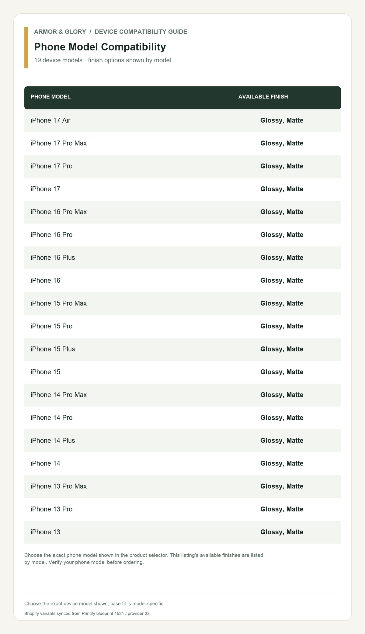 Phone compatibility size guide for Phone Model Compatibility: 19 device models · finish options shown by model.