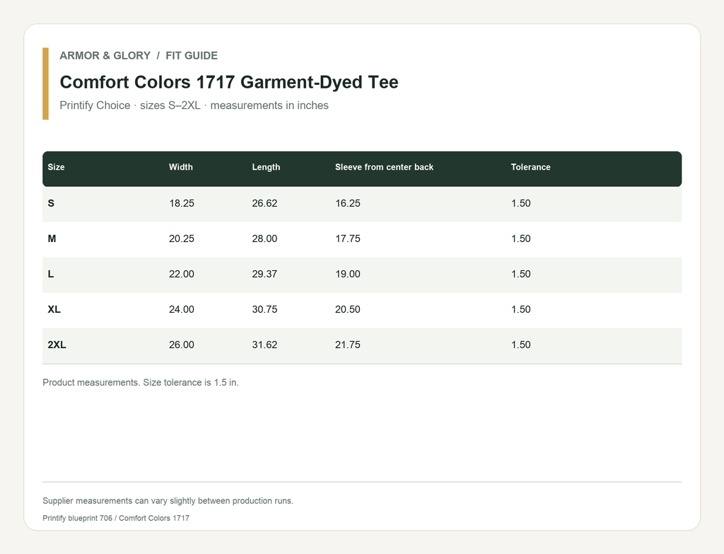 Printify supplier size guide for Comfort Colors 1717 Garment-Dyed Tee: enabled sizes S, M, L, XL, 2XL. Product measurements. Size tolerance is 1.5 in.