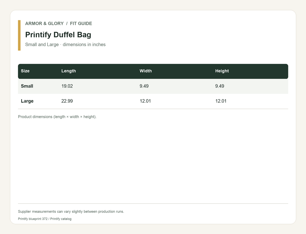 Printify supplier size guide for Duffel Bag: Small and Large · dimensions in inches.