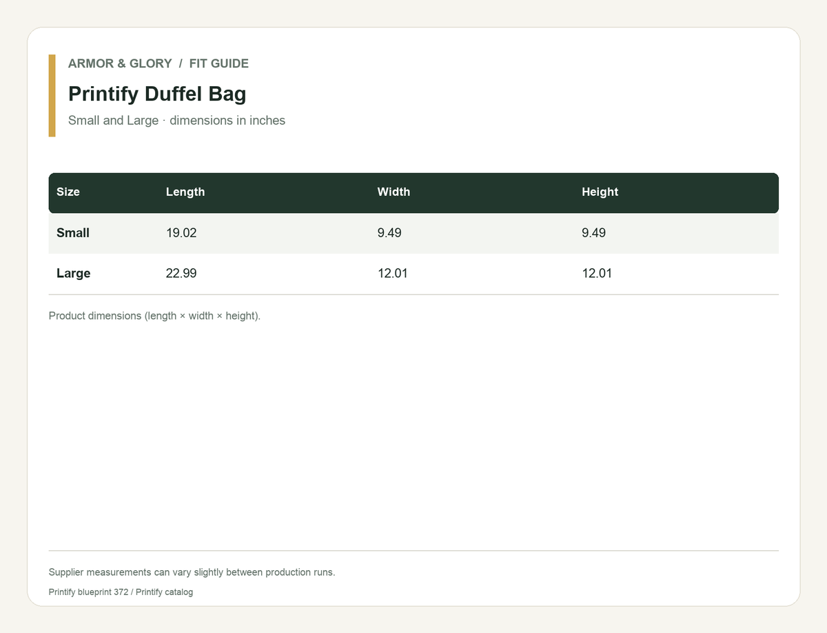 Printify supplier size guide for Duffel Bag: Small and Large · dimensions in inches.