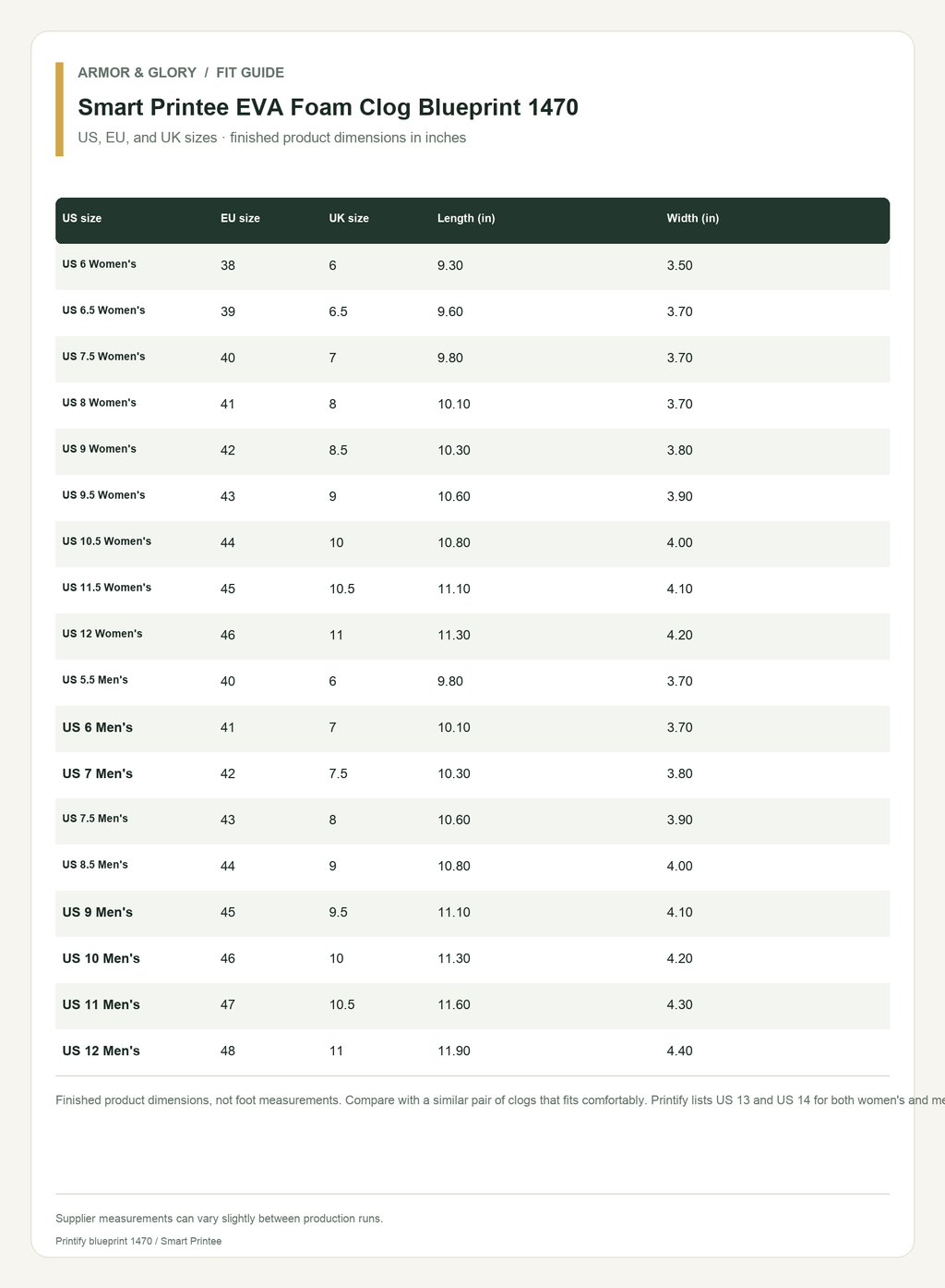 Size guide and fit chart for blueprint 1470; enabled sizes: US 6 Women's, US 6.5 Women's, US 7.5 Women's, US 8 Women's, US 9 Women's, US 9.5 Women's, US 10.5 Women's, US 11.5 Women's, US 12 Women's, US 5.5 Men's, US 6 Men's, US 7 Men's, US 7.5 Men's, US 8.5 Men's, US 9 Men's, US 10 Men's, US 11 Men's, US 12 Men's. Measurements are shown on the chart.