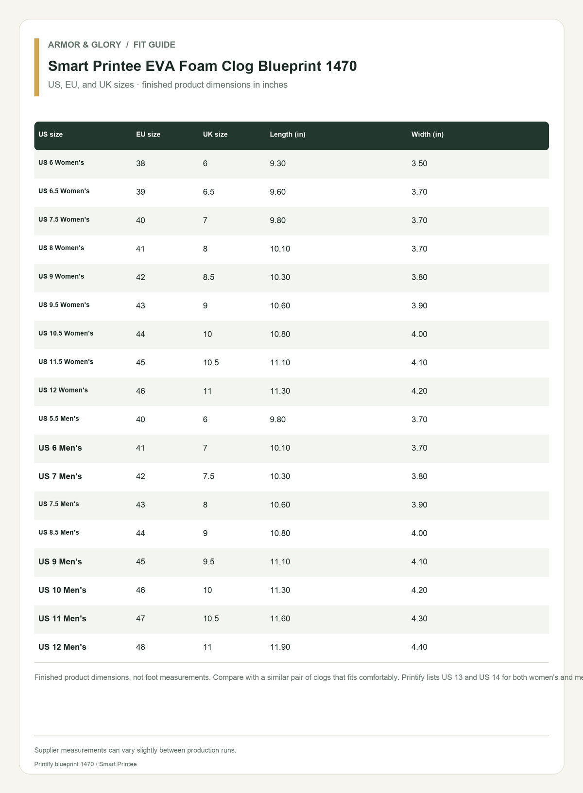 Size guide and fit chart for blueprint 1470; enabled sizes: US 6 Women's, US 6.5 Women's, US 7.5 Women's, US 8 Women's, US 9 Women's, US 9.5 Women's, US 10.5 Women's, US 11.5 Women's, US 12 Women's, US 5.5 Men's, US 6 Men's, US 7 Men's, US 7.5 Men's, US 8.5 Men's, US 9 Men's, US 10 Men's, US 11 Men's, US 12 Men's. Measurements are shown on the chart.