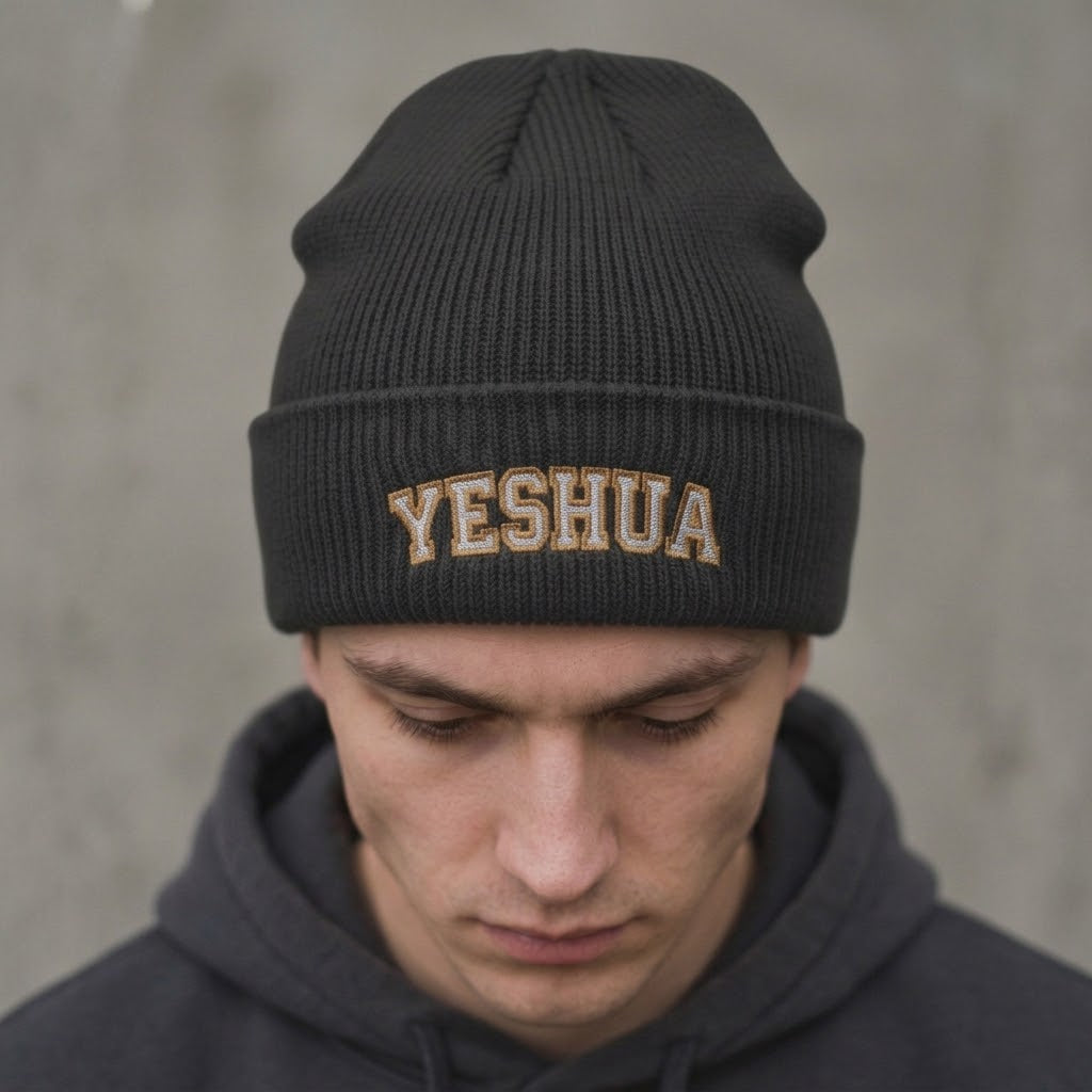 Yeshua Beanie, Christian Cuff Beanie, Religious Script Knit Hat, Faith Winter Hat, Embroidered Christian Beanie, Gift for Believers