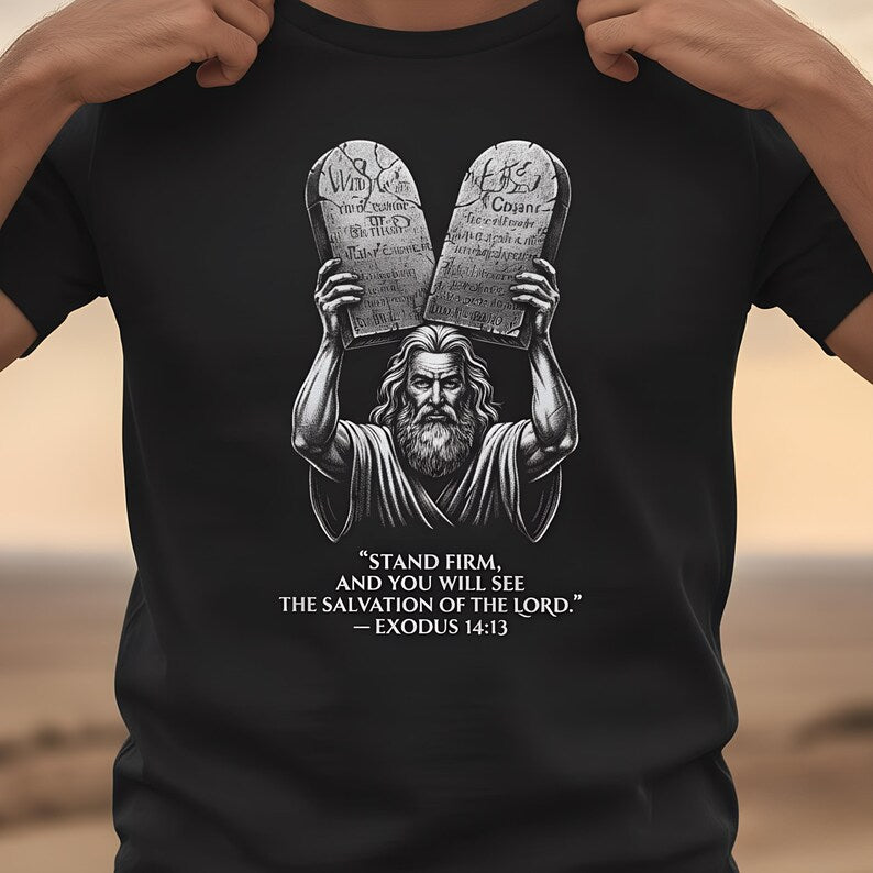 Moses Ten Commandments Shirt, Stand Firm Exodus 14:13 Tee, Christian Streetwear, Biblical Warrior Shirt, Faith Graphic Tee for Men Women