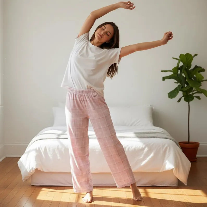 Angel Pajama Pants, Pink Plaid Lounge Pants, Christian Sleepwear, Cozy Womens Pajamas, Faith Gift for Her, Angelcore PJs