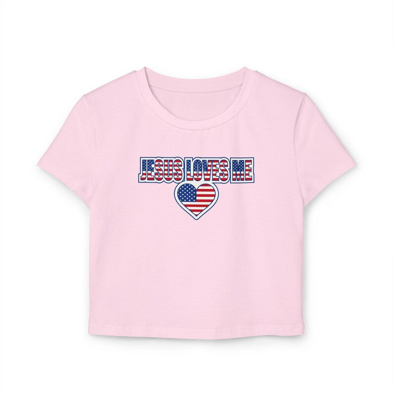 Jesus Loves Me Baby Tee, Patriotic Christian Crop Top, American Flag Heart Faith Shirt