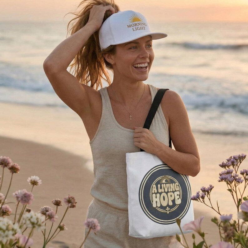 A Living Hope round emblem Tote Bag | Inspirational faith design