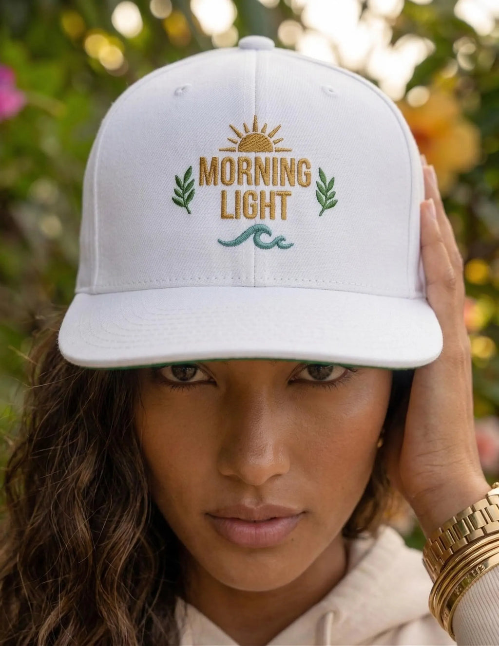 Morning Light embroidered flat bill cap | sun, laurel, wave design