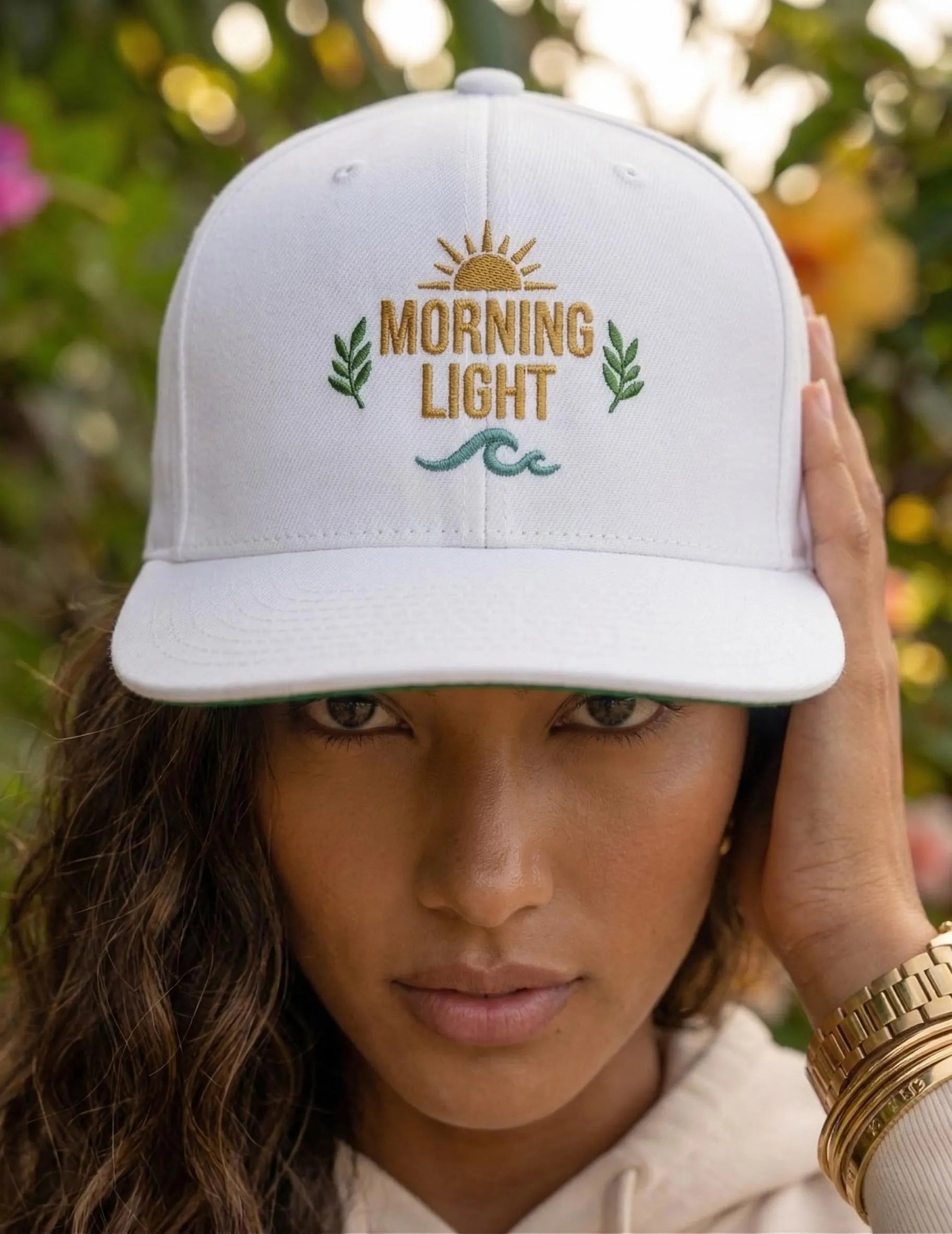 Morning Light embroidered flat bill cap | sun, laurel, wave design