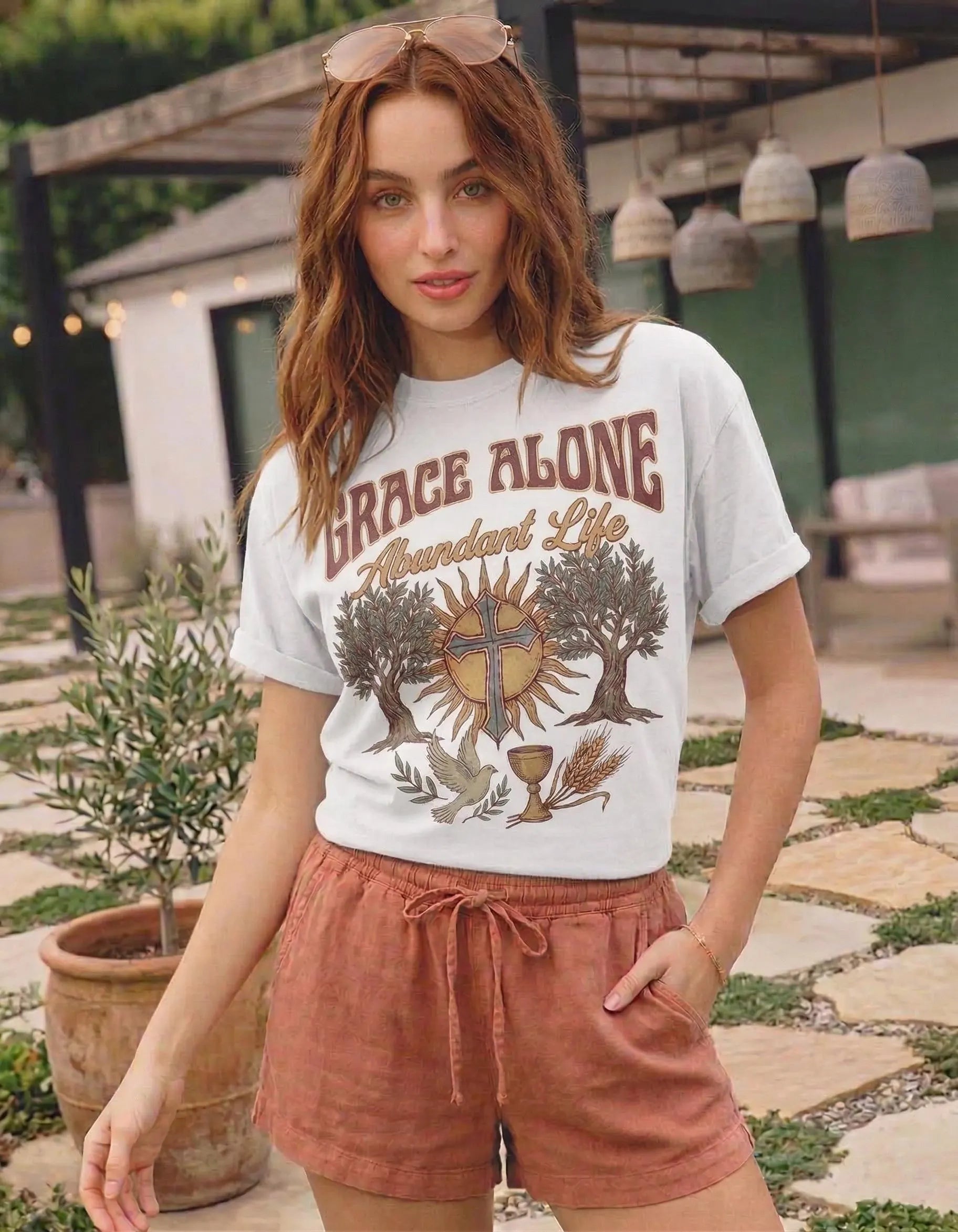 Grace Alone Abundant Life T-shirt | Christian cross, chalice, olive trees