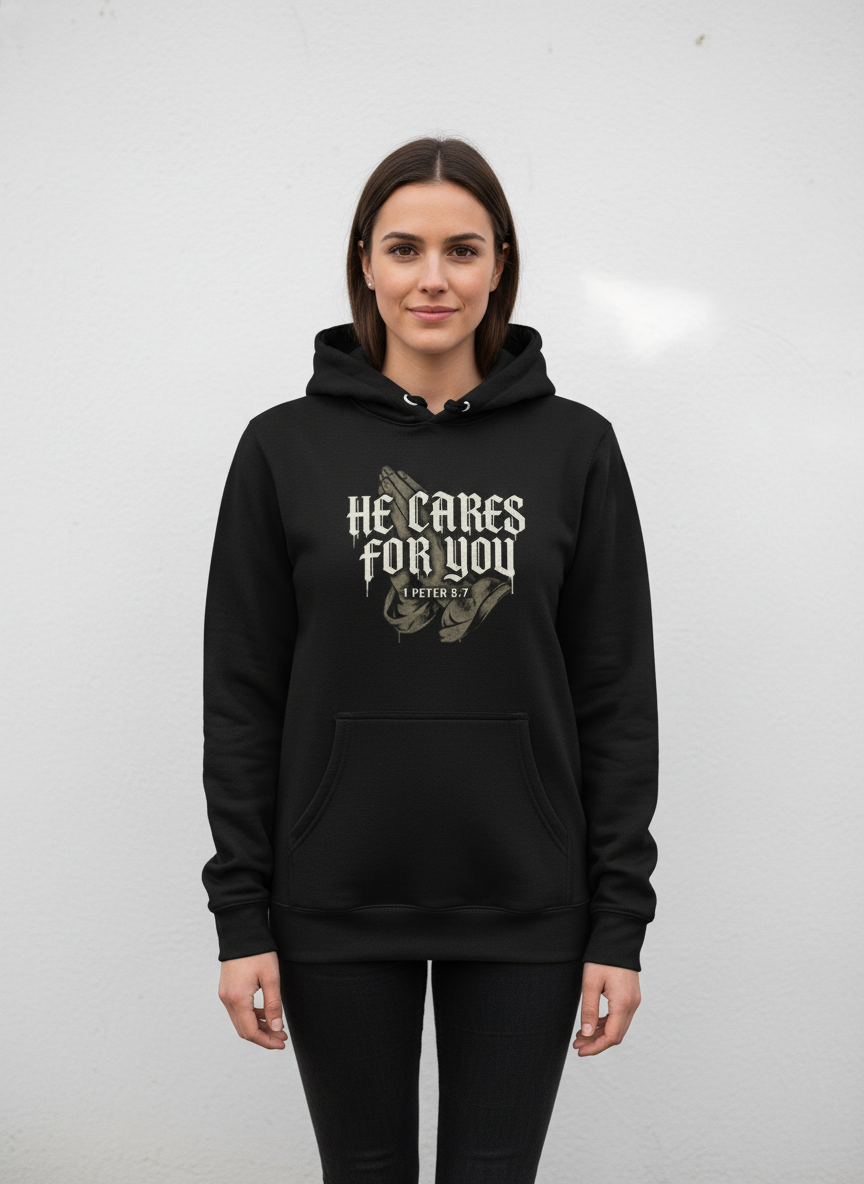 HE CARES FOR YOU Christian Hoodie, 1 Peter 5:7 Bible Verse, Faith Streetwear, Gift for Christian, ArmorNGlory