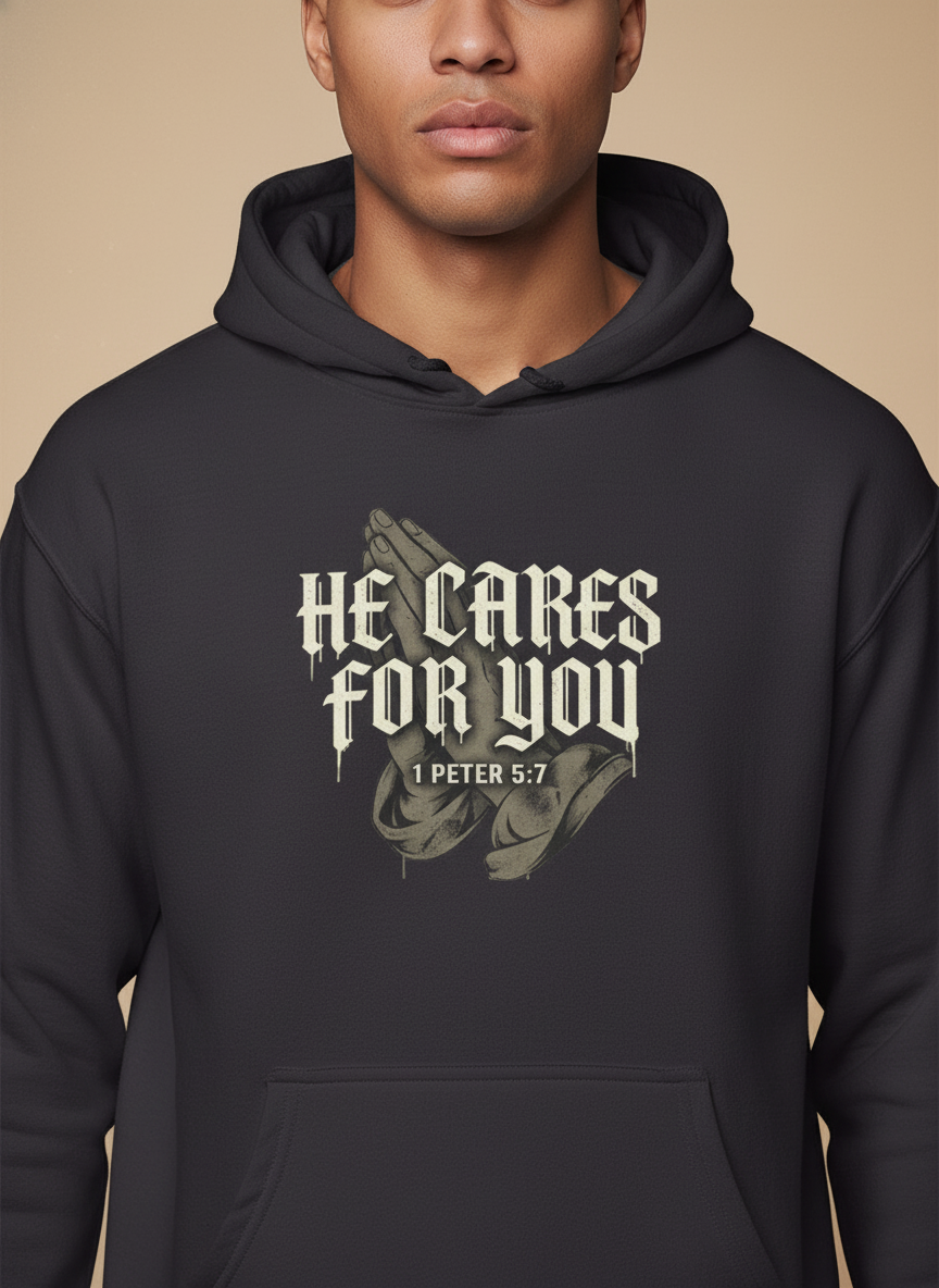 HE CARES FOR YOU Christian Hoodie, 1 Peter 5:7 Bible Verse, Faith Streetwear, Gift for Christian, ArmorNGlory