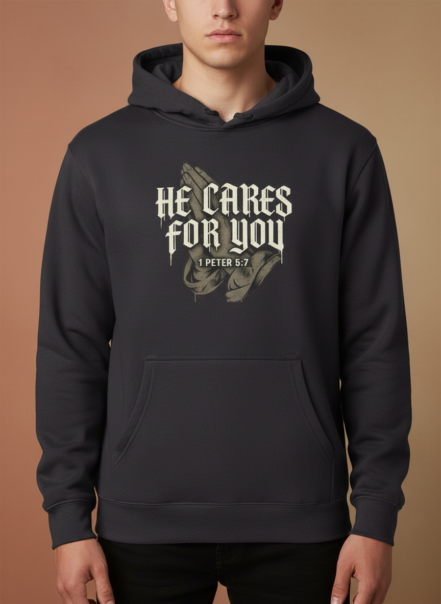 HE CARES FOR YOU Christian Hoodie, 1 Peter 5:7 Bible Verse, Faith Streetwear, Gift for Christian, ArmorNGlory