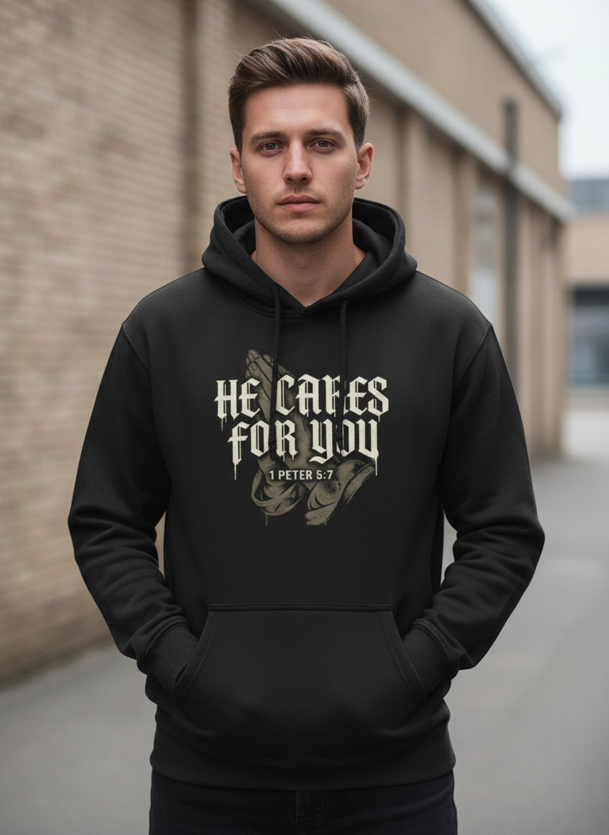 HE CARES FOR YOU Christian Hoodie, 1 Peter 5:7 Bible Verse, Faith Streetwear, Gift for Christian, ArmorNGlory