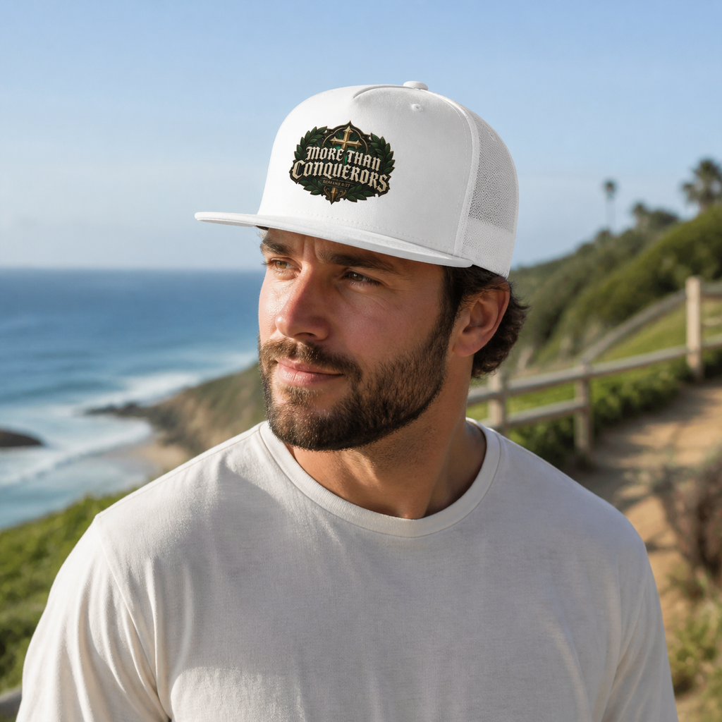 MORE THAN CONQUERORS Printed Christian 5-Panel Trucker Cap