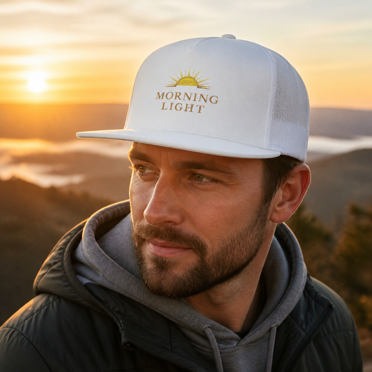 Morning Light 5 Panel Trucker Hat, Christian Snapback Cap, Flat Bill Faith Hat, Sunrise Graphic Hat, Modern Trucker Cap Gift