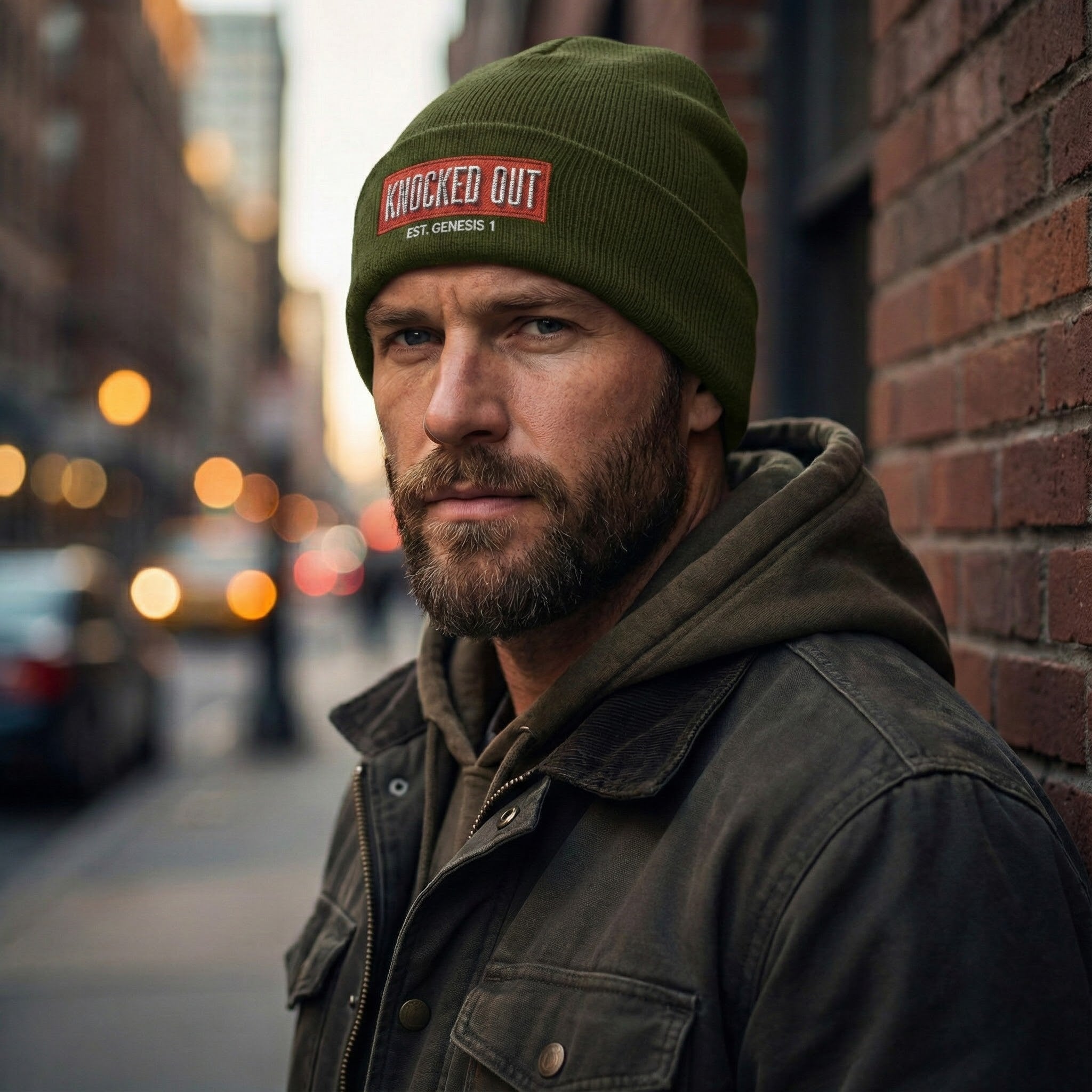 Knocked Out Embroidered Logo Beanie | Cuffed Beanie, Olive
