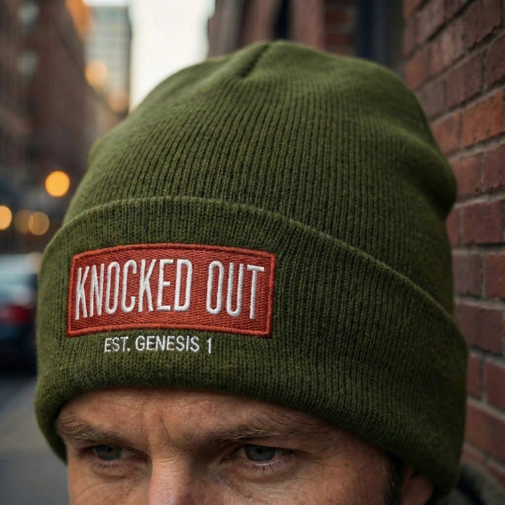 Knocked Out Embroidered Logo Beanie | Cuffed Beanie, Olive