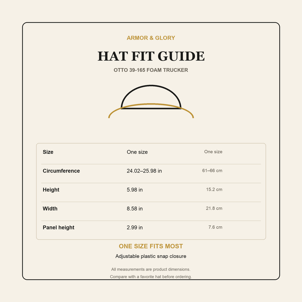 OTTO 39-165 foam trucker hat size guide: one size, adjustable snap closure, 24.02–25.98 inch circumference, 5.98 inch height, 8.58 inch width, and 2.99 inch panel height.