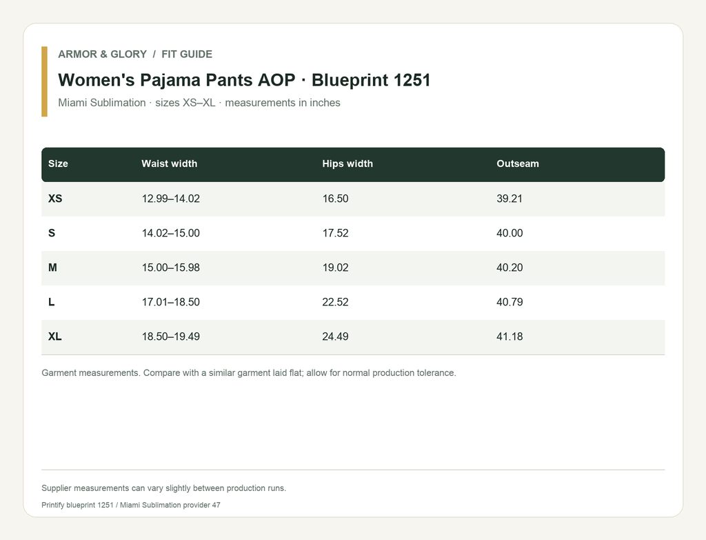 Printify supplier size guide for women's pajama pants blueprint 1251: Miami Sublimation · sizes XS–XL · measurements in inches.
