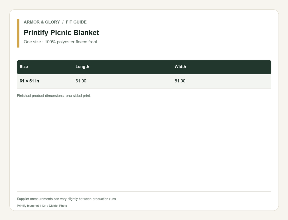 Printify supplier size guide for Picnic Blanket: One size · 100% polyester fleece front.