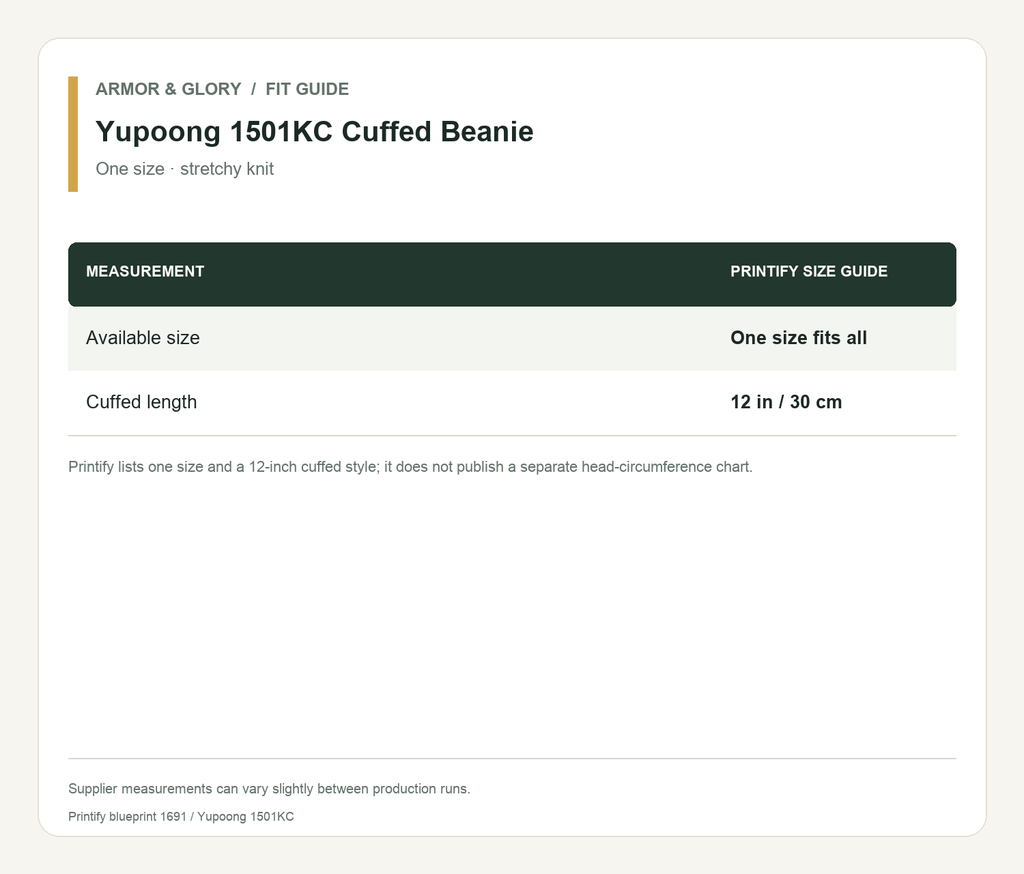 Printify size guide for Yupoong 1501KC Cuffed Beanie: Available size: One size fits all; Cuffed length: 12 in / 30 cm